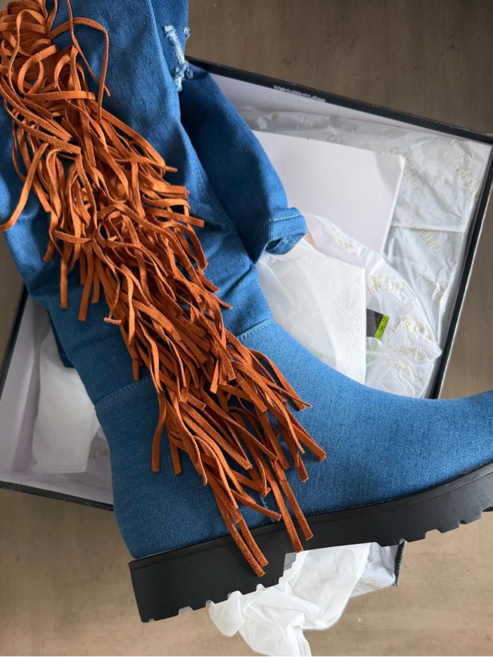 Cape Robbin Fringe Accent Blue Women's Knee Boot with Brown Tassels size 10 wm